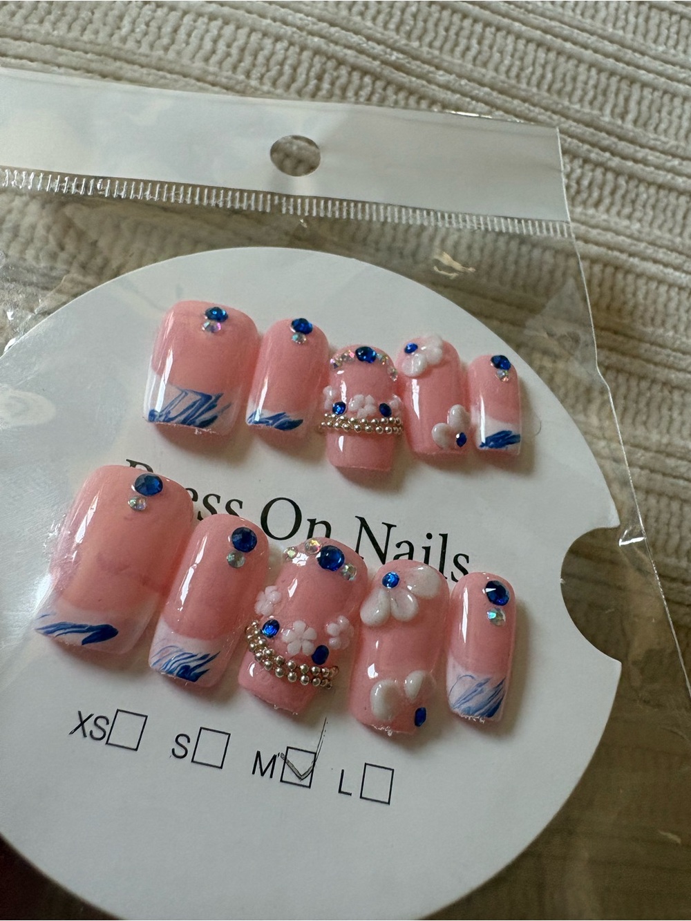 Press-On Nails Pink Floral Rhinestone Nails Size Medium